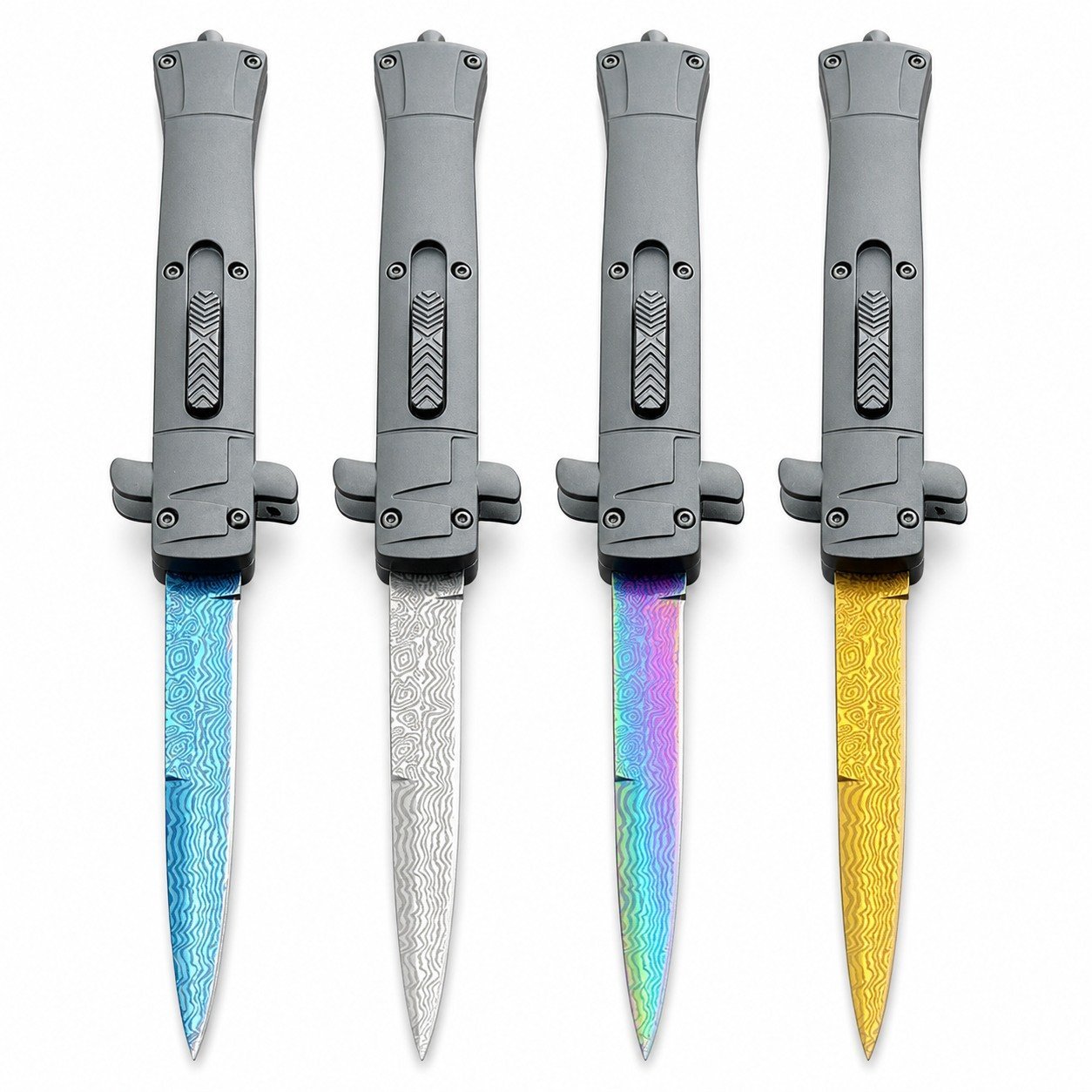 9 Inch Italian Stiletto OTF Automatic Knife &ndash; Damascus Etch